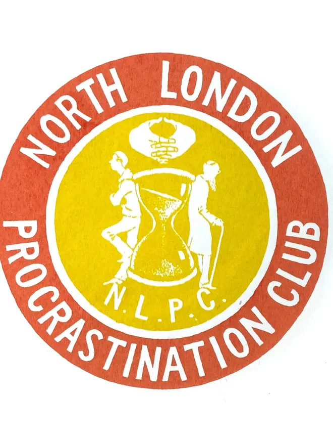 'North London Procrastination Club' Red and Yellow Screen Print on a white background. 