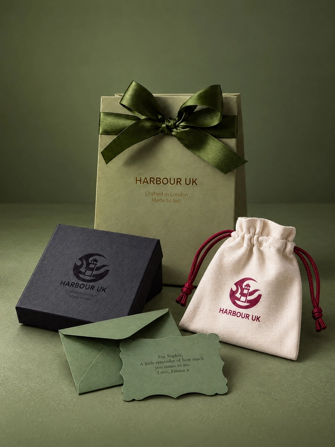 Harbour UK bracelet gift packaging — black box, pouch and gift bag handmade jewellery London
