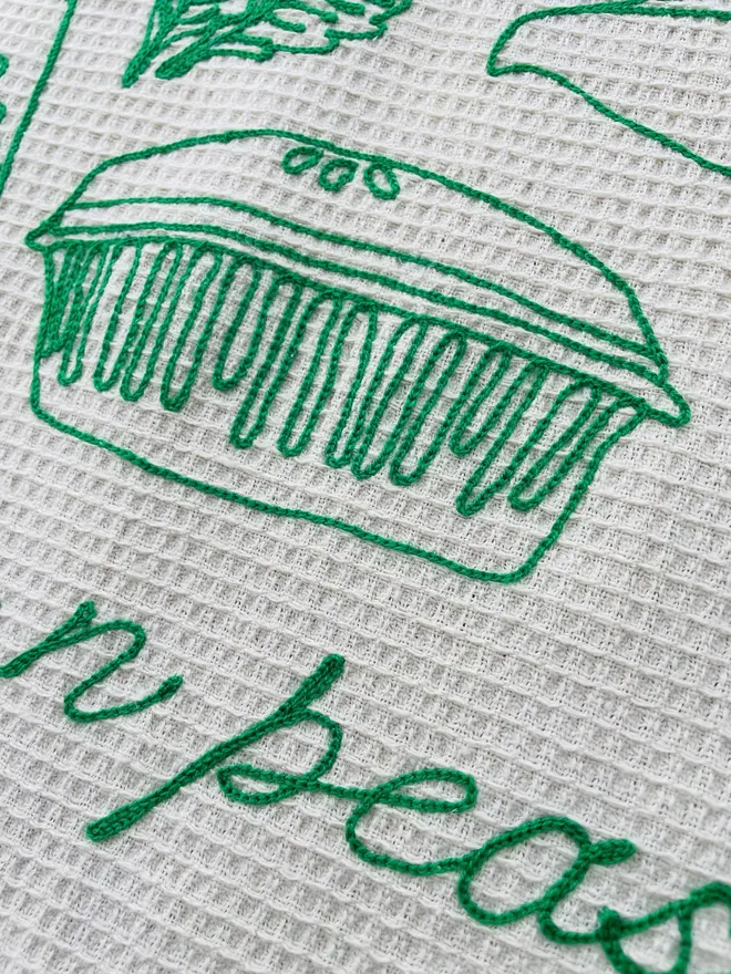 Embroidered Pie n Peas Tea Towel