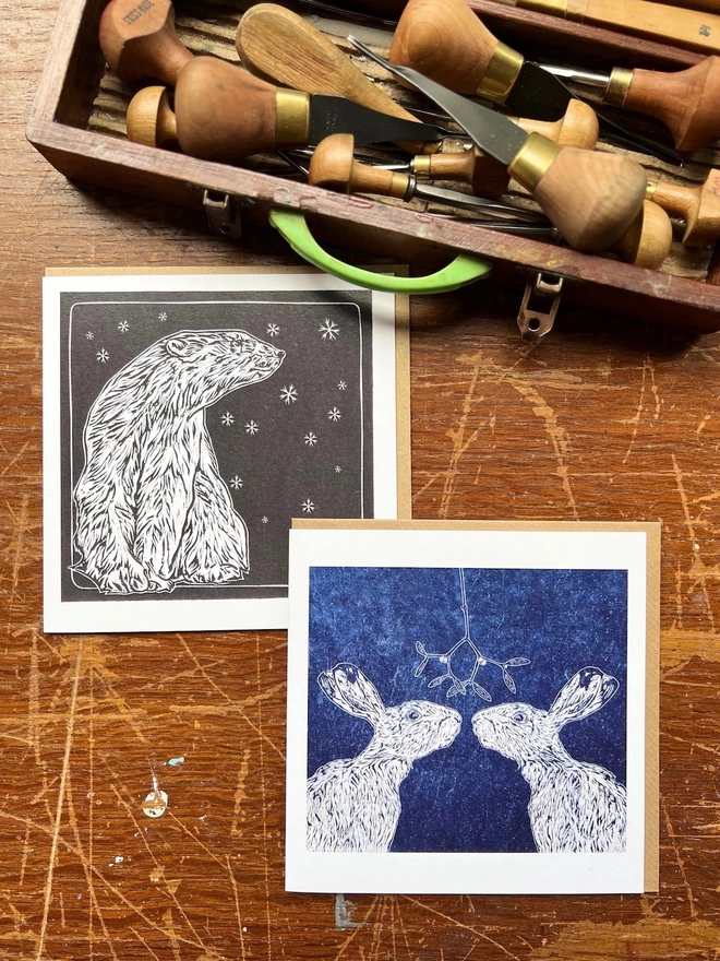 polar bear and kissing hares art cards