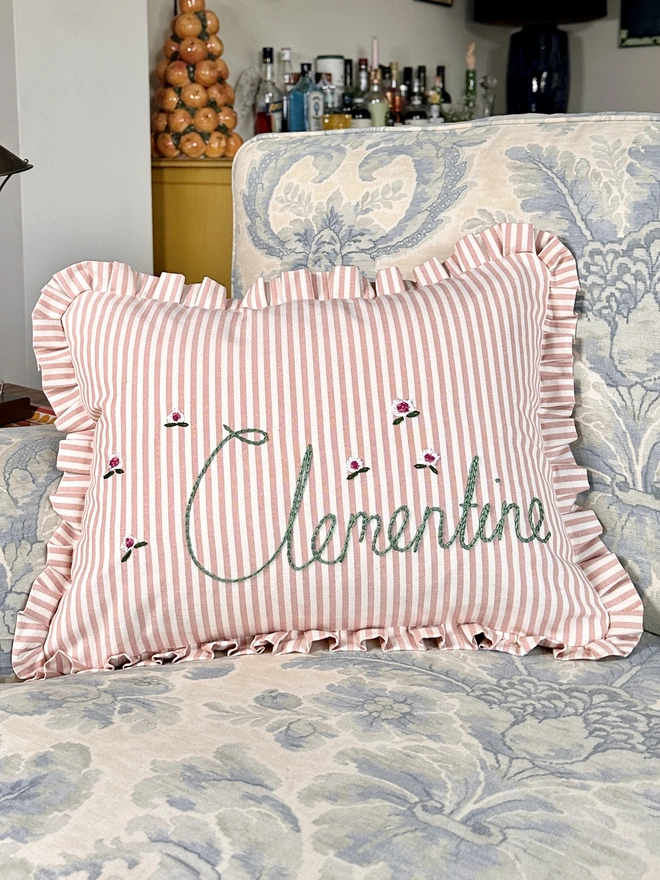 Personalised Pink Candy Stripe Cushion with Frill