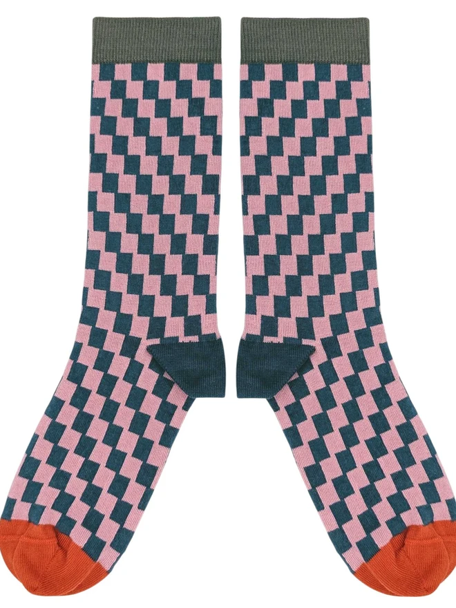 men's pink check cotton socks 