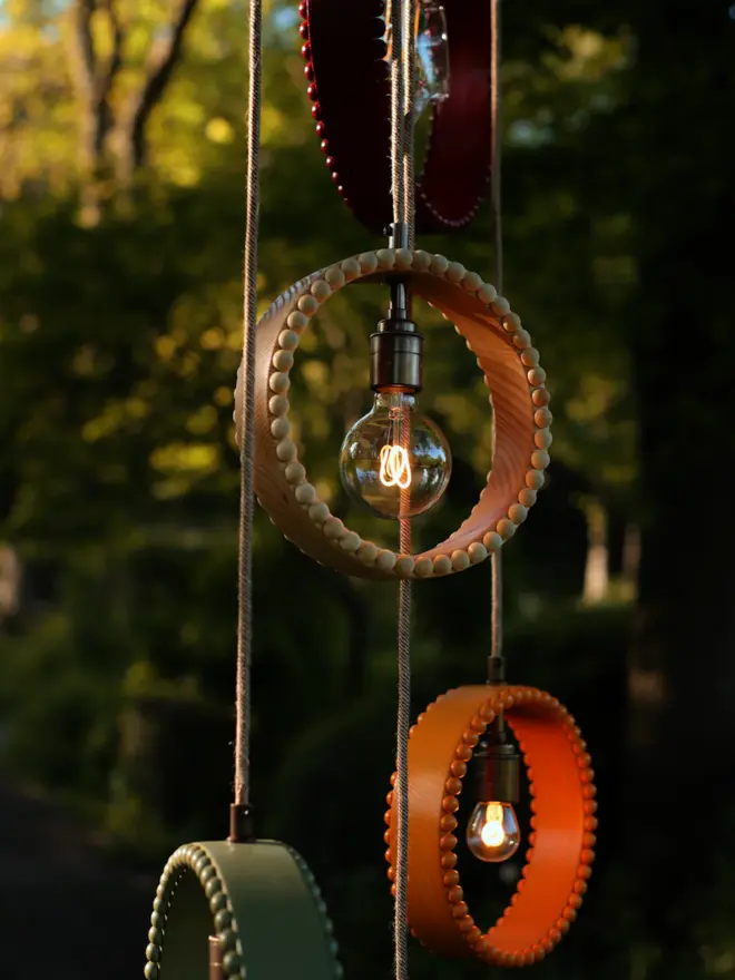 ring shaped pendant lights hanging from a tree