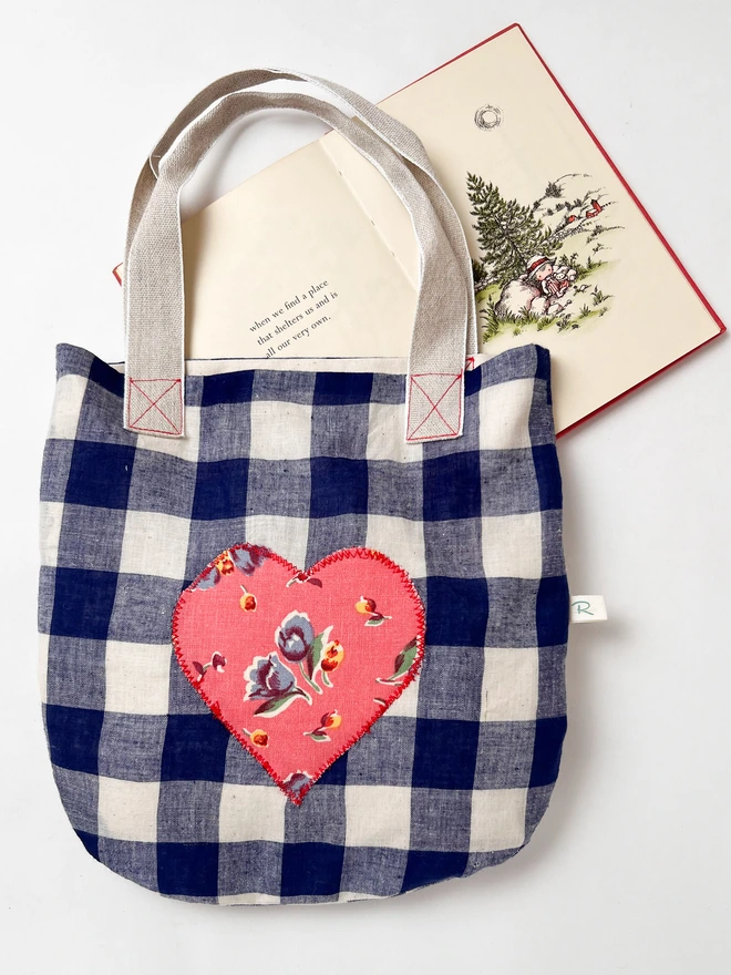 blue gingham bag with vintage heart patch 