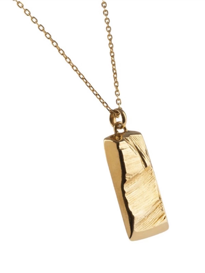 raw textured gold rectangular pendant, 18 carat gold plated sterling silver
