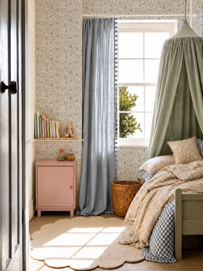 Ducks In A Row Cottages in the Woods Dusk Wallpaper for kids in girls room with canopy