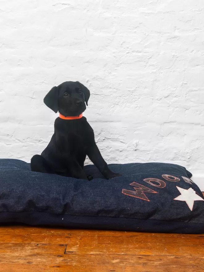 Woof Dog Bed in grey on denim with orange stitching and a labrador puppy