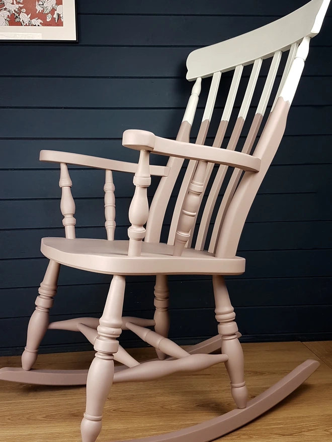 Blush pink and white painted wooden rocking chair