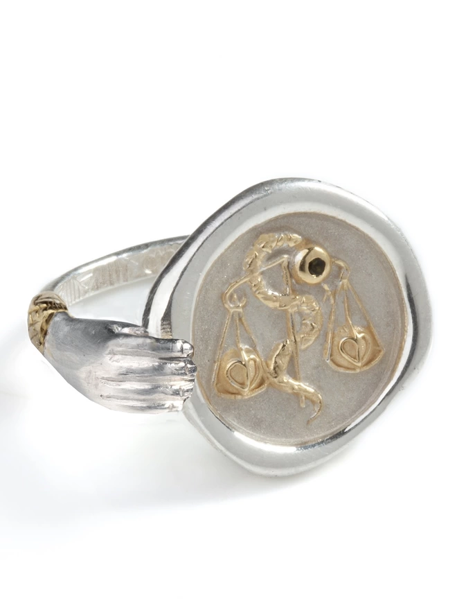libra zodiac ring, silver with gold plate highlights