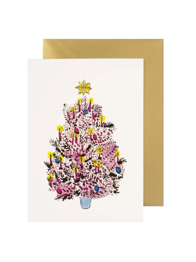 Charming illustrated Christmas greeting card featuring a pen and ink illustration of a kitsch pink Christmas Tree with gold foil highlights and metallic gold envelope. 