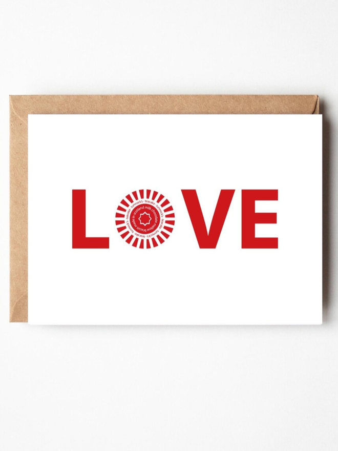 Teacake Love Card. A card with LOVE written on, the O of which is a teacake.