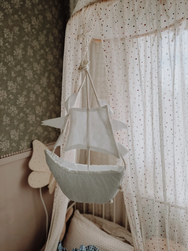 Linen Sailboat Crib Mobile, Nautical Baby Nursery Decor, Ocean Theme Hanging Ornament
