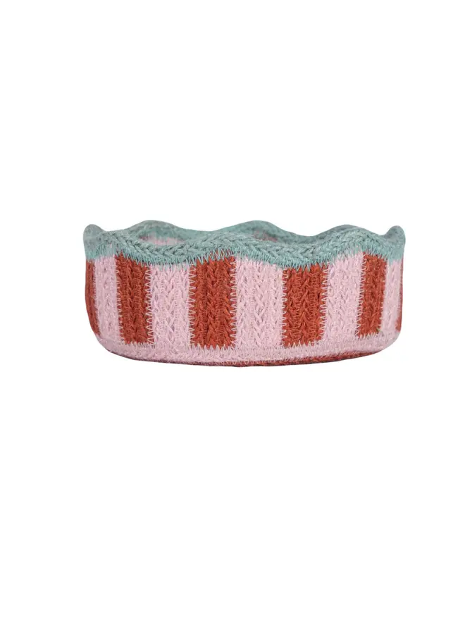 Strawberry mini stripy scalloped organic jute basket on a white background.