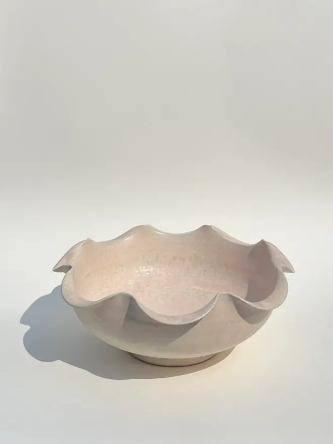Large Frilly Bowl - Pearl on white cloth background