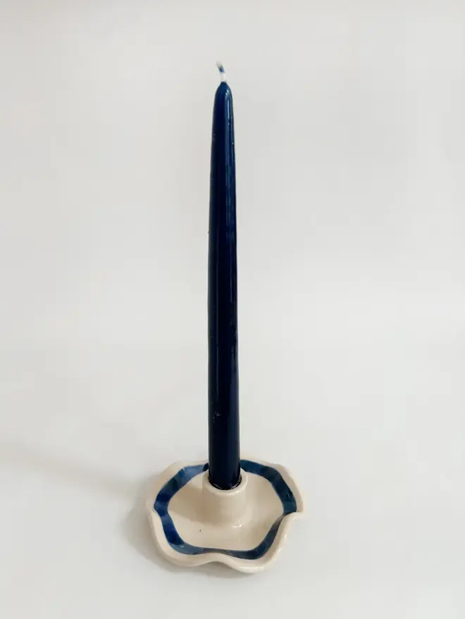 blue stripe ceramic wavy candlestick holder