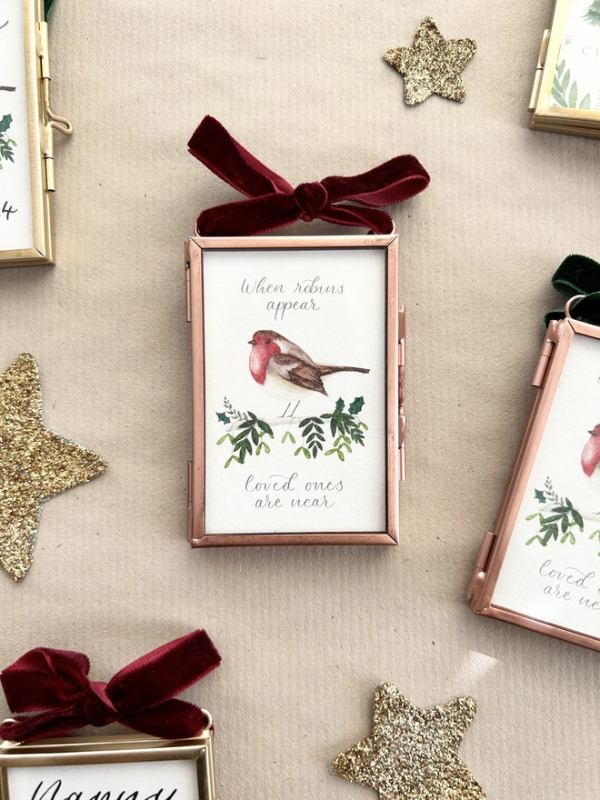 Mini Personalised Memorial Frame Christmas Tree Decoration with Calligraphy and Robin Illustration