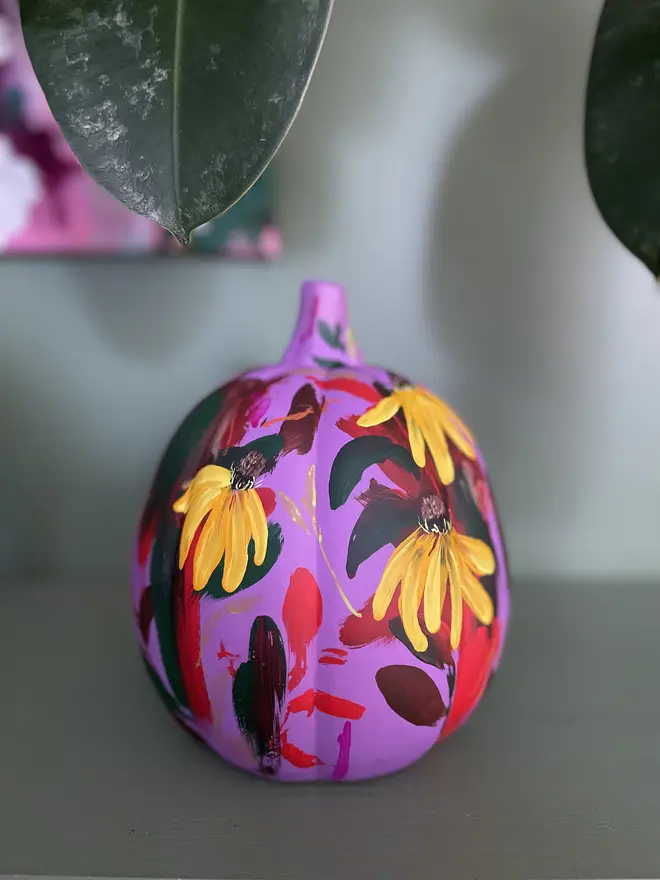 hand painted ceramic floral halloween pumpkins purple background bright yellow Rudbeckia fulgida flowers 