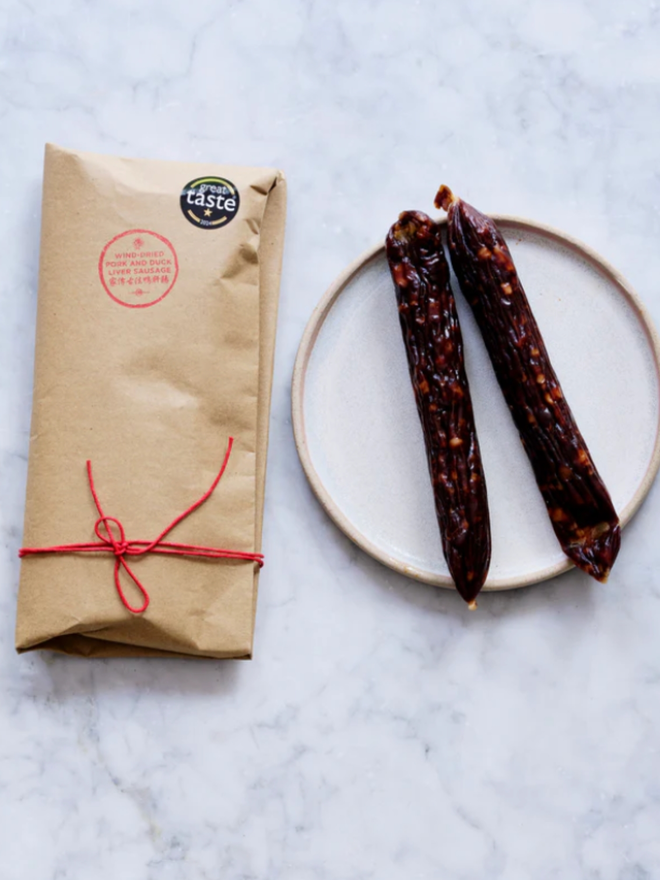 Wind Dried Pork and Duck Liver Sausage. A package of pork and duck liver sausages.