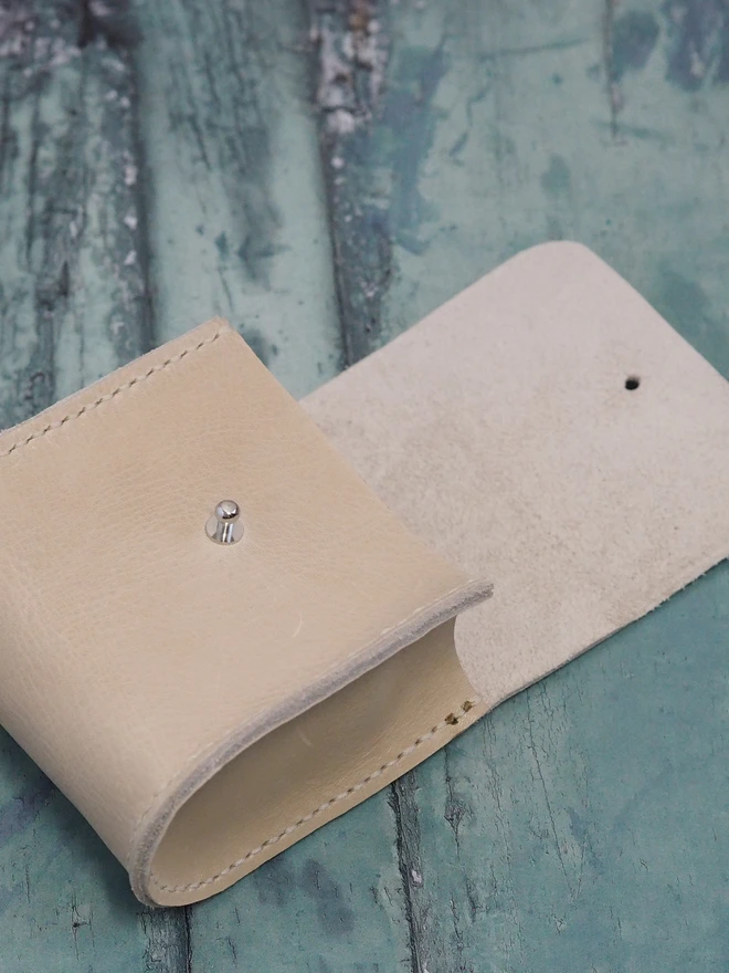 Personalised Leather Playing Card and Dice Holder Case. Natural cream handmade leather pouch.
