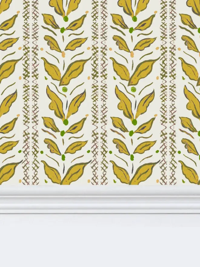 leaf stripe illustrated wallpaper. a yellow leaf patterned wallpaper.