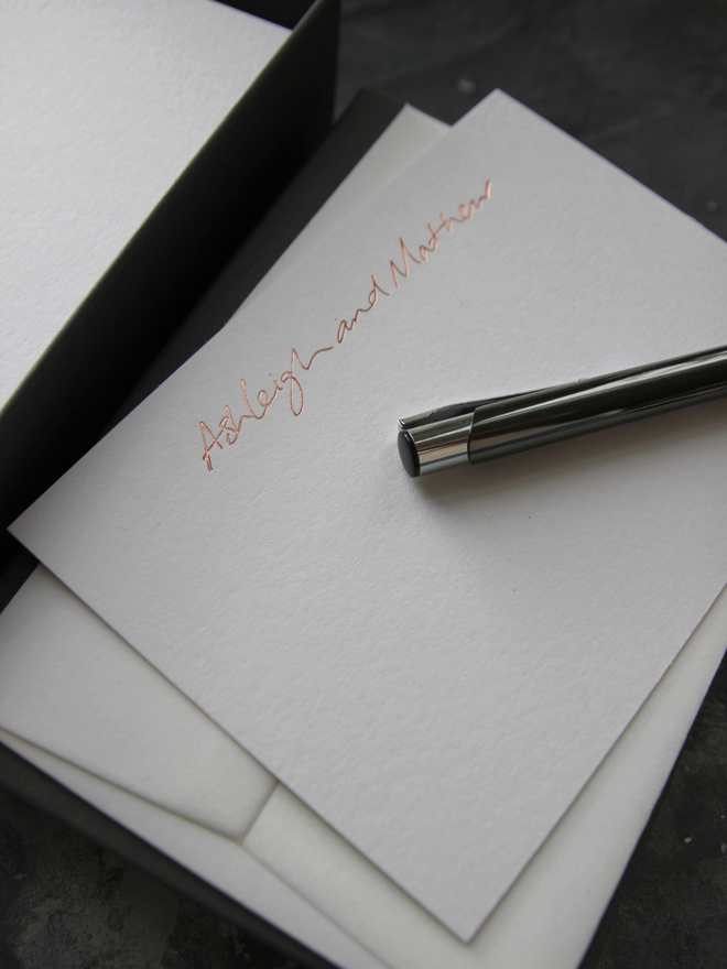 peronalised correspondance notecards hand foiled in rose gold foil