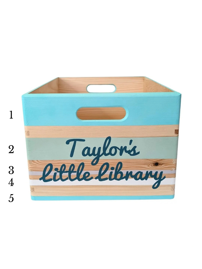 personalised children's book storage box. a chart labelling colour options.