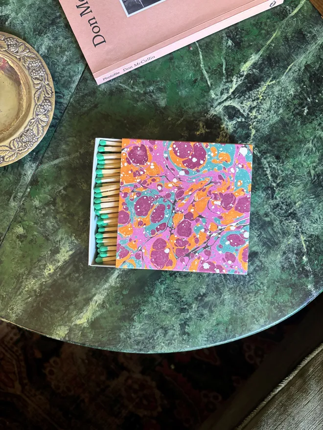 Pink & orange marbled square matchbox