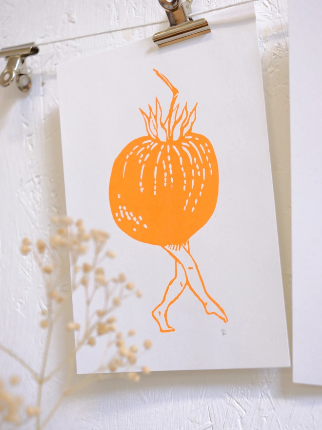 A bright orange tomato with legs print design 