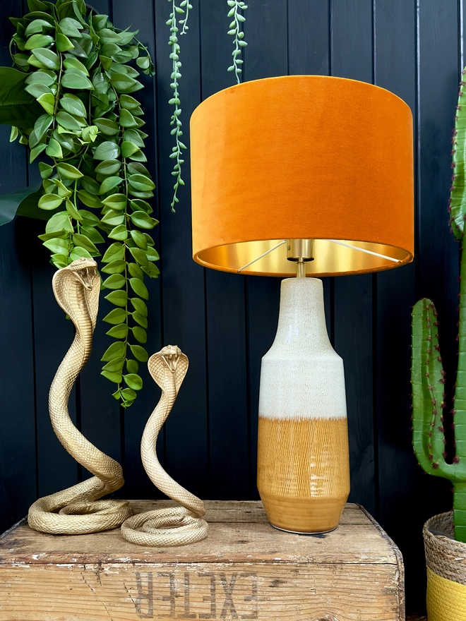 Rust Orange Velvet Table Lampshade With Gold Foil Lining.