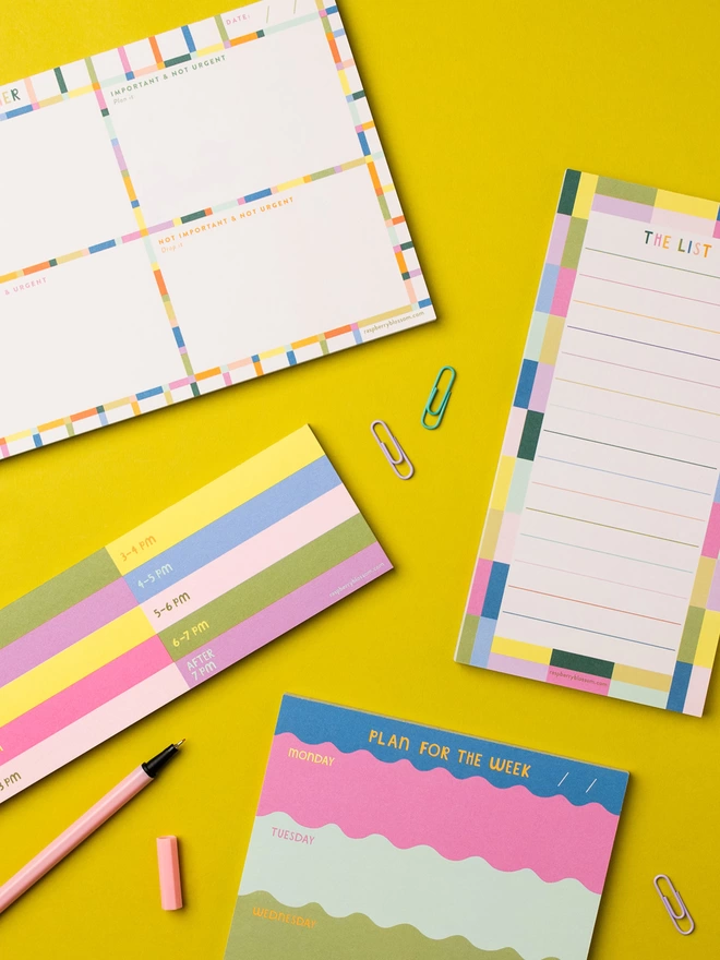 Flatlay of other colourful stationery items from the Raspberry Blossom ‘Happiness’ collection
