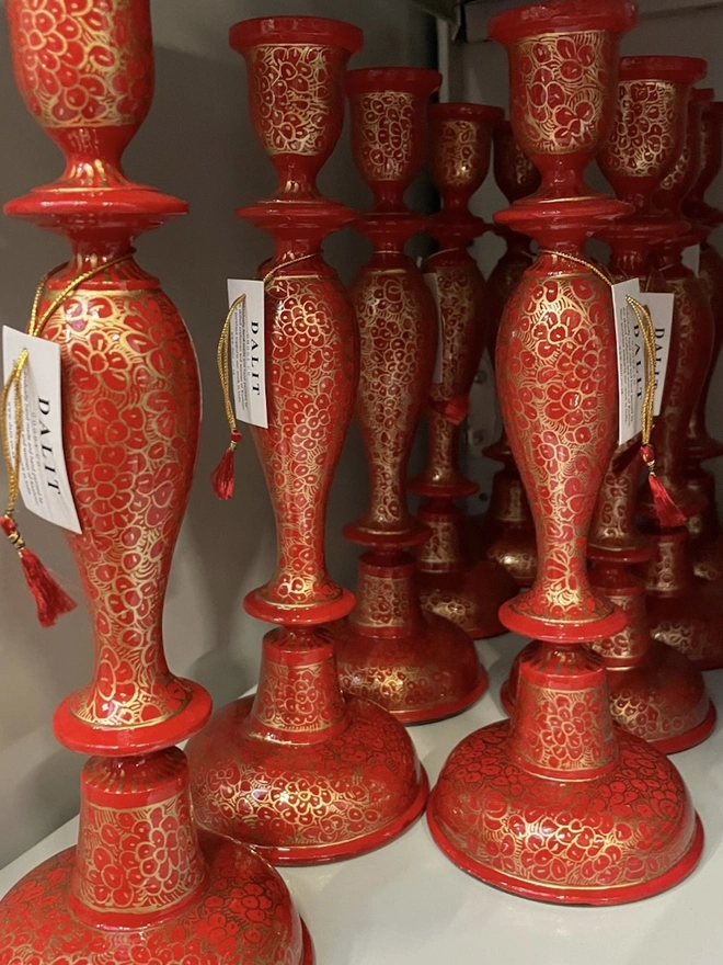 12'' Red & Gold Wooden Candle Stick Holder 