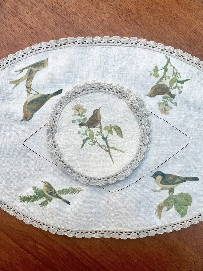 vintage linens printed with uk garden birds