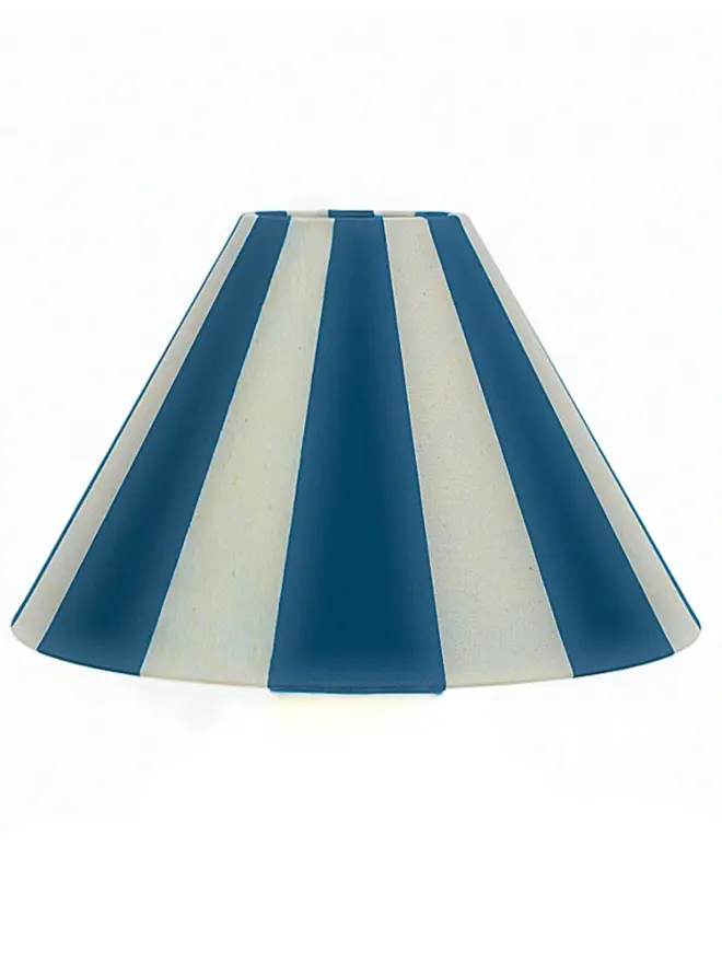 Hand Painted Upcycled Striped Large Drum Lampshade, a navy striped lampshade sitting against a white background. 