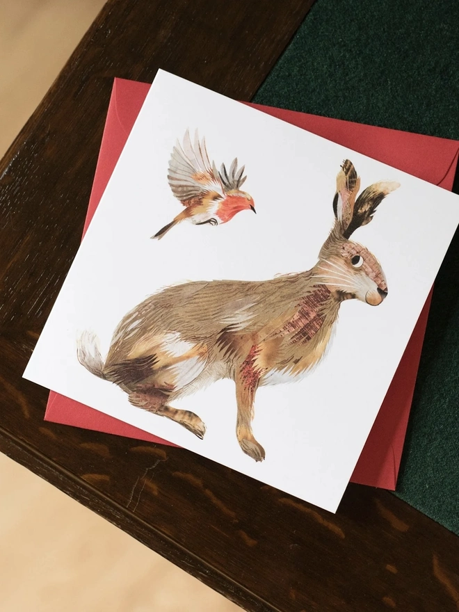 Personalised Hare and Robin Christmas Card