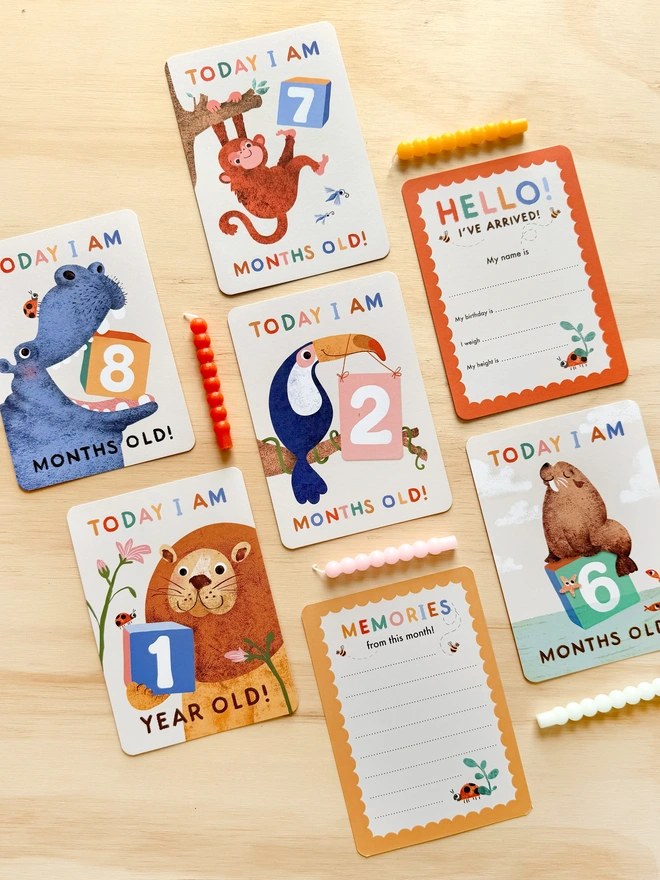 illustrated animal themed baby milestone cards by Emily Nash Illustration- postcard keepsake multipack for babies