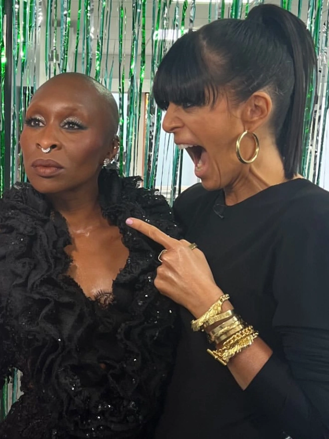 Claudia Winkleman on Strictly wearing Loel Gold Tassel and Chain Bracelets