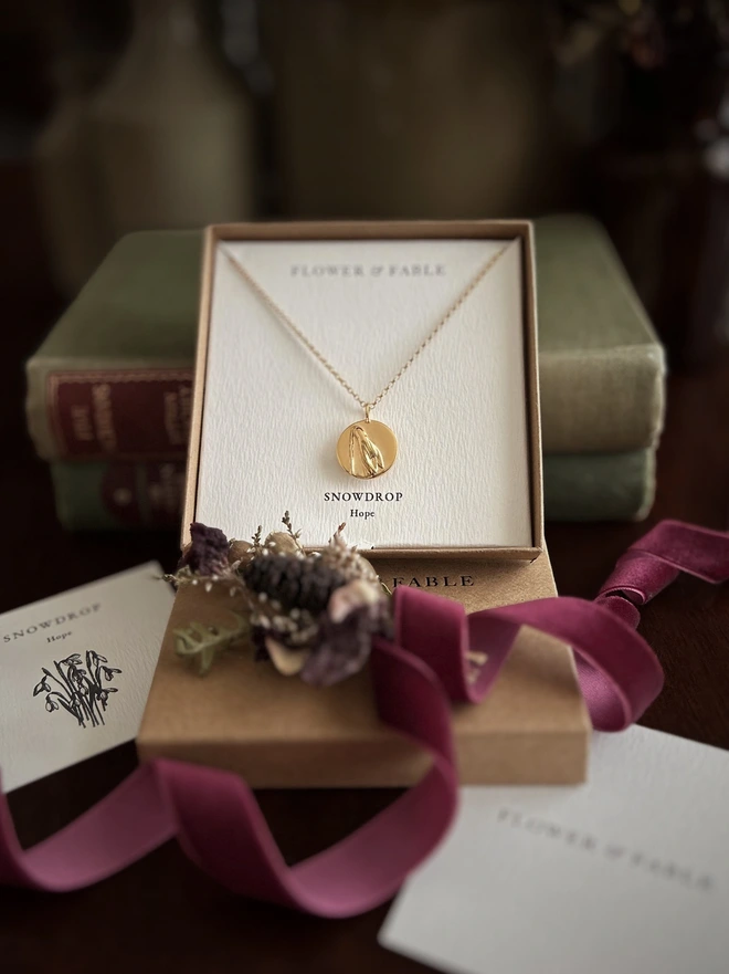 Snowdrop coin charm in sterling silver in a box describing the meaning of hope