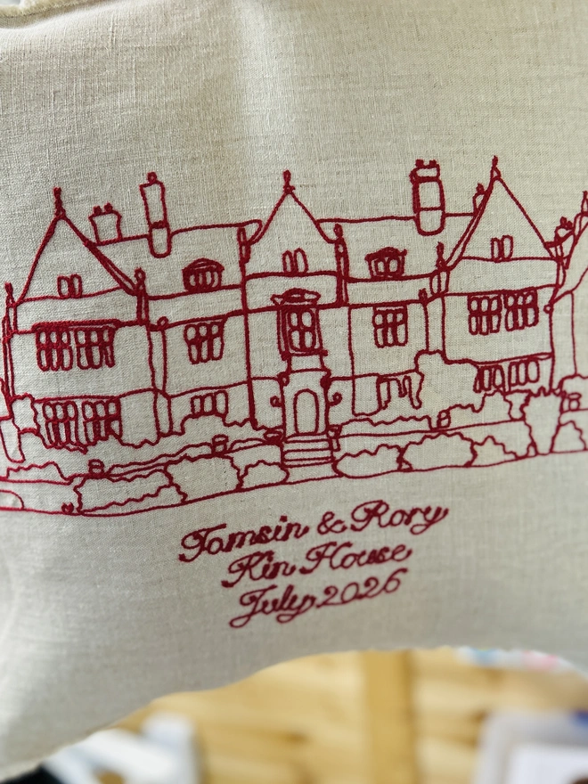 Embroidered Bespoke Wedding/ Home/ Venue Linen Cushion dark red