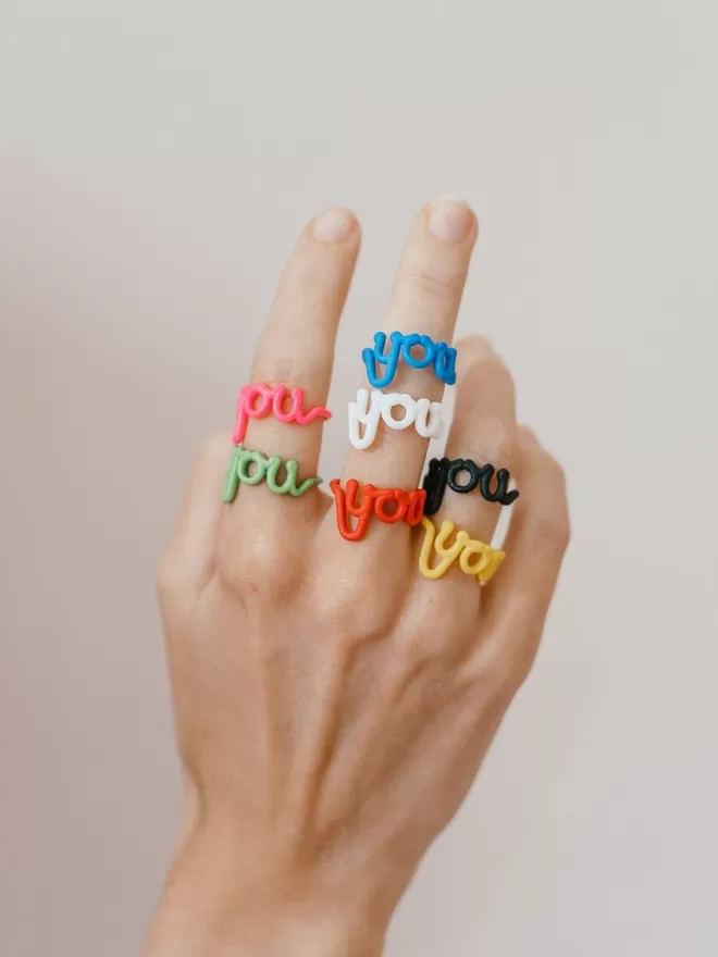 'You' Statement Reminder Ring seen on a hand.