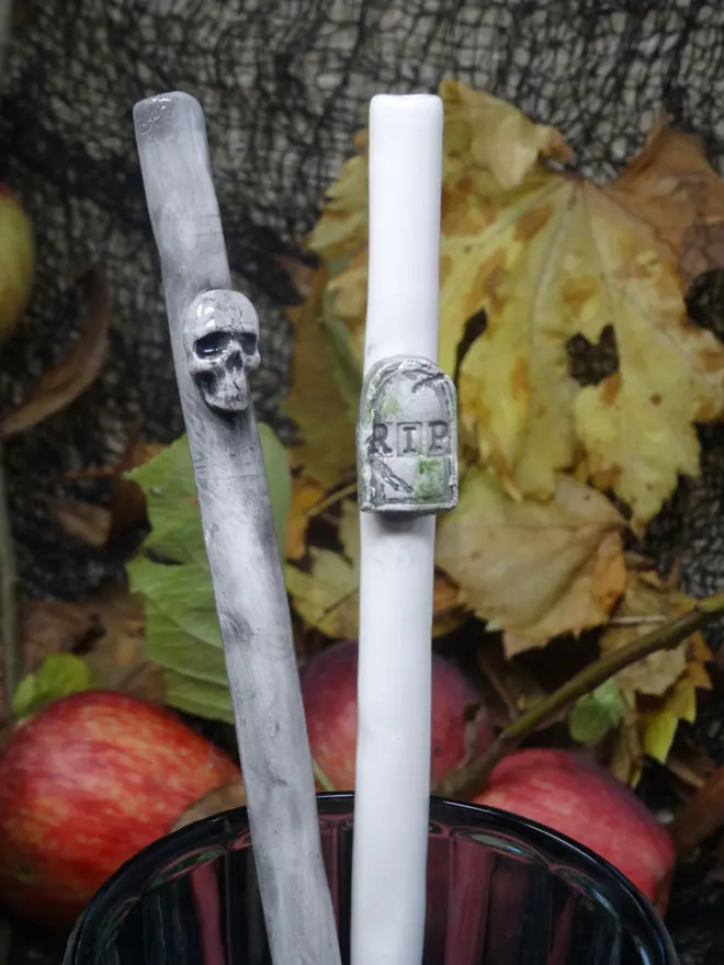 Skull and RIP gravestone ceramic drinking straws