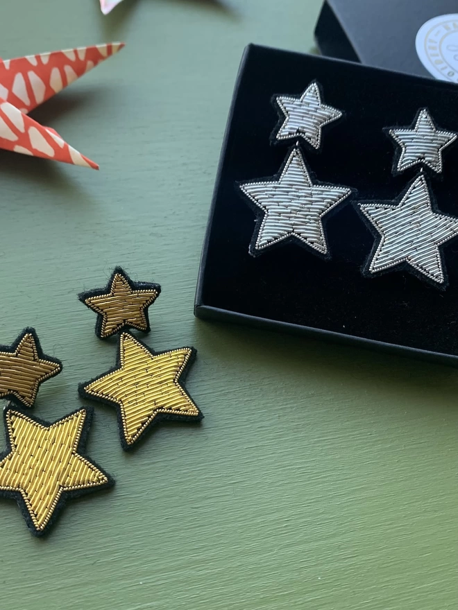 Embroidered Star Earrings - Silver & Gold