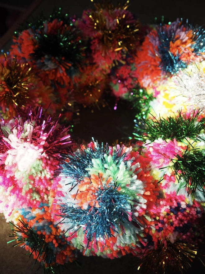 Rainbow Pom Pom Tinsel Wreath