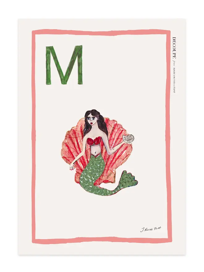 signed a-z alphabet prints. mermaid print with the letter 'm' in the corner.