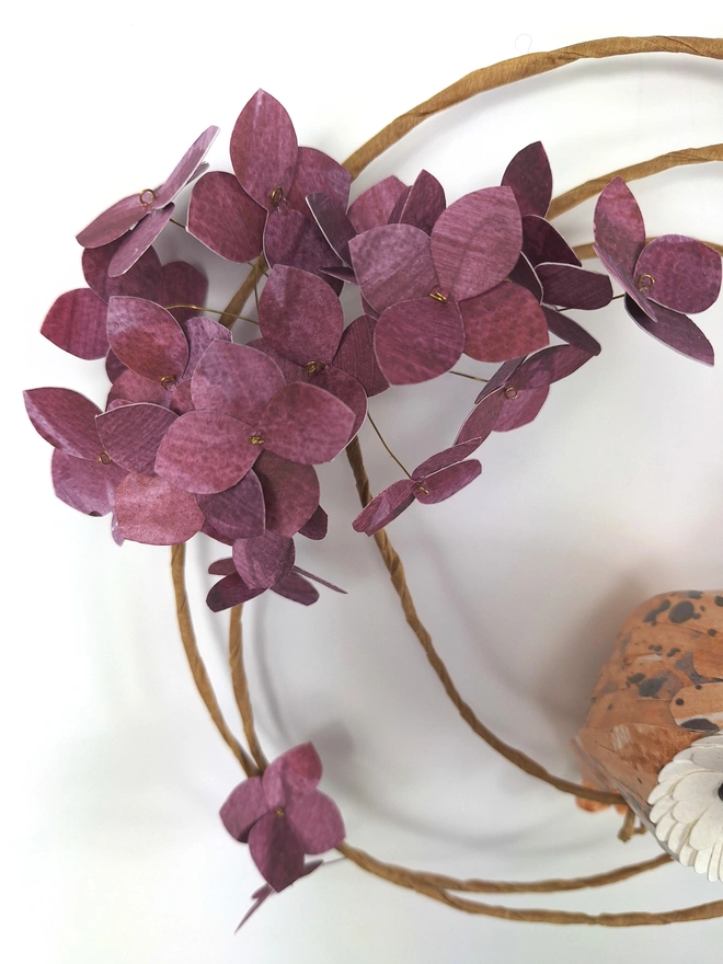 close up of mulberry hydrangea handmade flowers