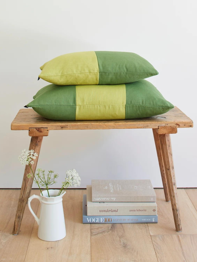 Colour Block Linen Cushion – Olive/Chartreuse