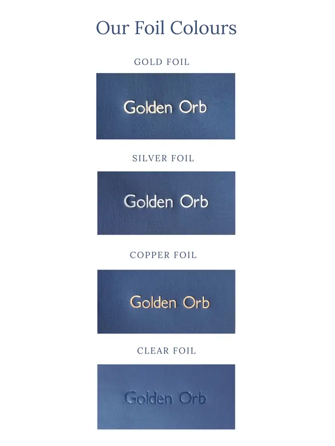 Choice of foil colours for Golden Orb photo albums & guest books.