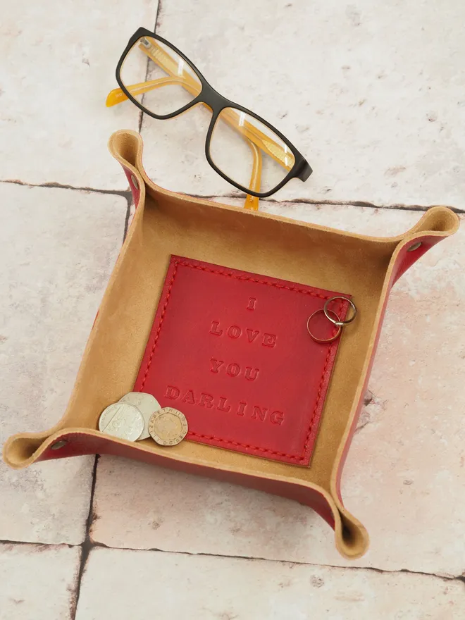 red leather square tray with personalised base