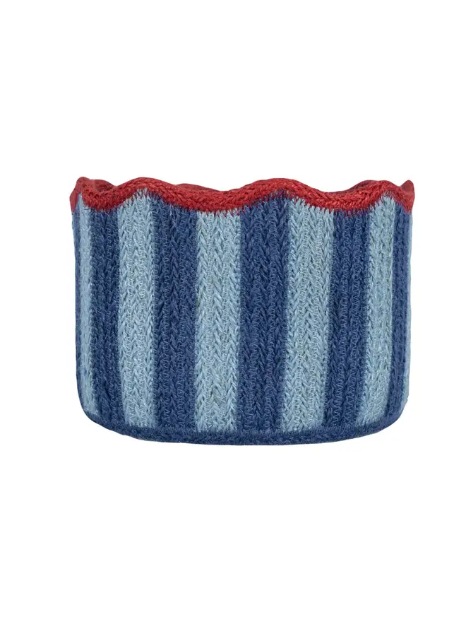 Blueberry stripy scalloped organic jute basket on a white background. 
