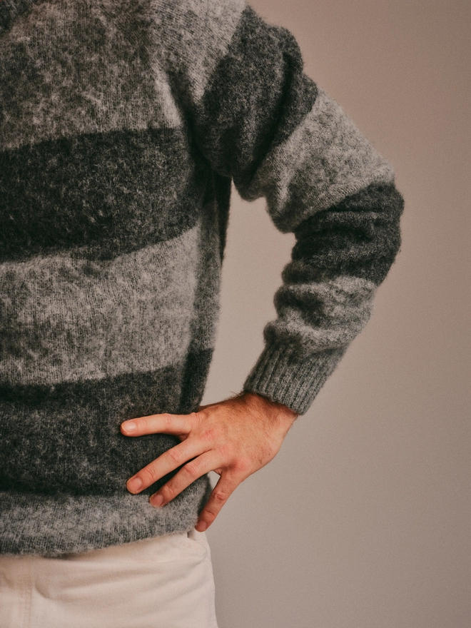 mens brushed wool sweater grey stripe