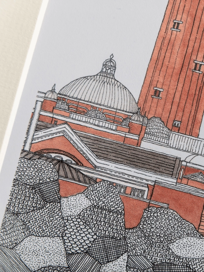 Print of detailed pen and watercolour drawing of the Old Joe clock tower, University of Birmingham, in a soft white mount
